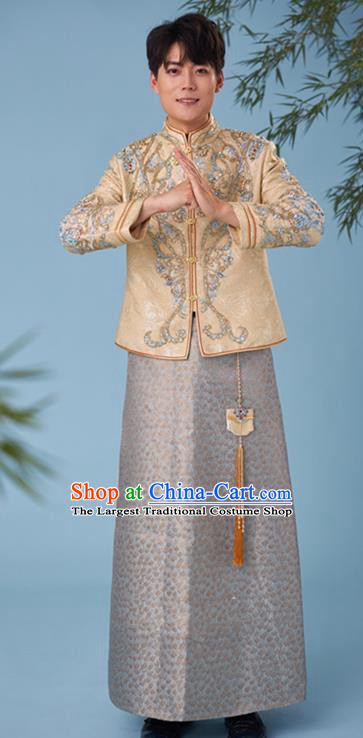 China Ancient Bridegroom Clothing Traditional Wedding Garment Costumes Male Tang Suits Golden Mandarin Jacket and Grey Long Robe