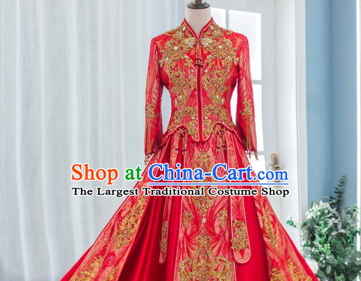 Chinese Classical Embroidered Red Xiuhe Suits Traditional Ceremony Clothing Wedding Toasting Garment Costumes Ancient Bride Dress