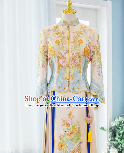 Chinese Ancient Bride Champagne Garment Costumes Classical Embroidered Xiuhe Suits Traditional Hanfu Dress Wedding Ceremony Toasting Clothing