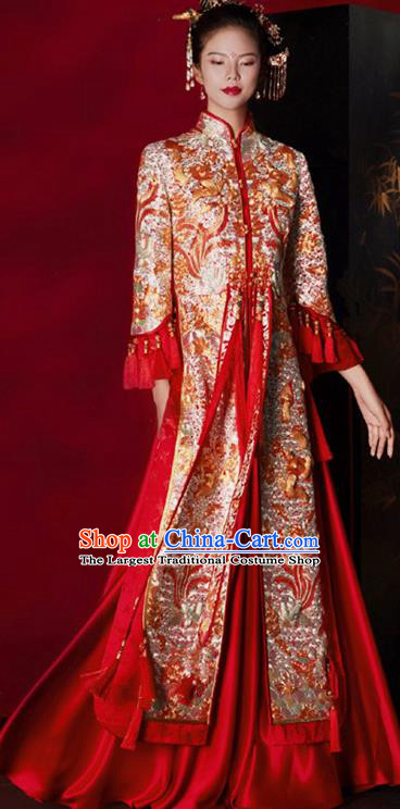 Chinese Wedding Toasting Clothing Ancient Bride Garment Costumes Classical Red Xiuhe Suits Traditional Embroidered Hanfu Dress