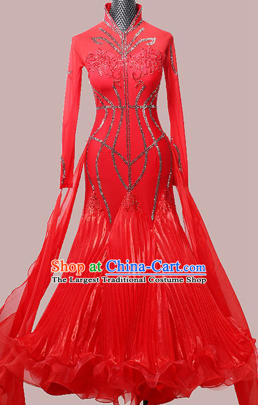 Custom Waltz Performance Garment Ballroom Dancing Red Dress International Dance Competition Clothing Modern Dance Fashion