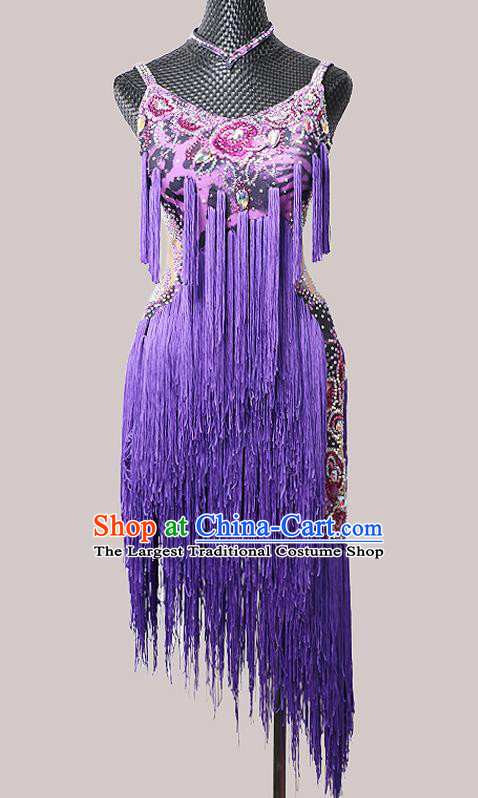 Top Ballroom Dance Fashion Latin Dance Costume Cha Cha Dance Purple Tassel Dress Modern Dance Competition Clothing