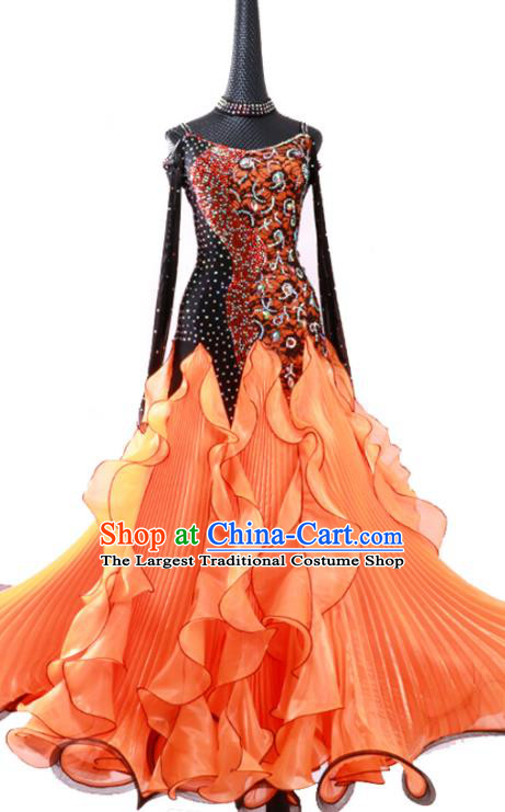 Custom Modern Dance Clothing International Dance Fashion Garment Waltz Dancing Orange Dress Ballroom Competition Dancewear