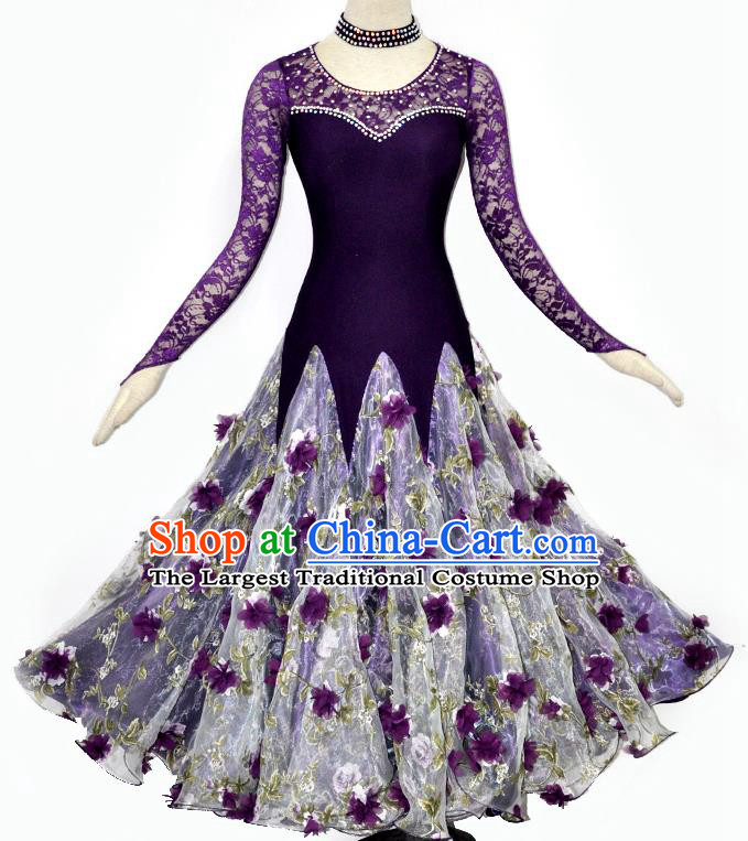 Custom Woman Waltz Training Dancewear Ballroom Dancing Purple Lace Dress Modern Dance Clothing International Dance Garment