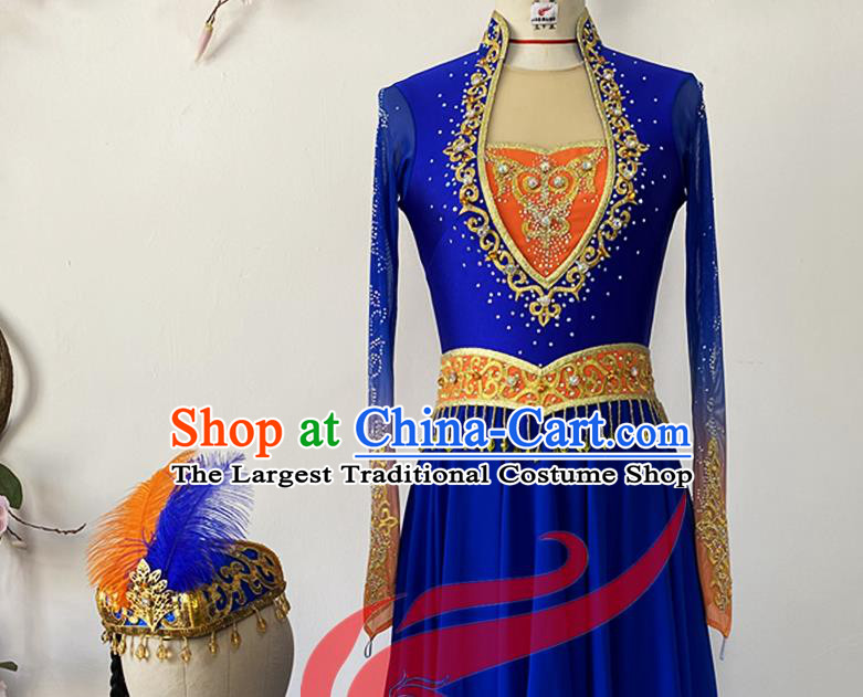 Chinese Uyghur Minority Performance Garment Costumes Uighur Nationality Woman Clothing Xinjiang Ethnic Folk Dance Royalblue  Dress Uniforms