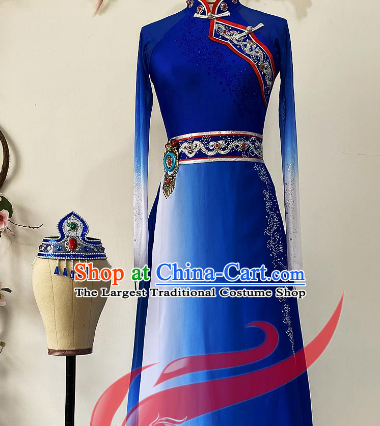 Chinese Ethnic Folk Dance Royalblue Dress Uniforms Mongol Minority Performance Garment Costumes Mongolian Nationality Bowl Dance Clothing