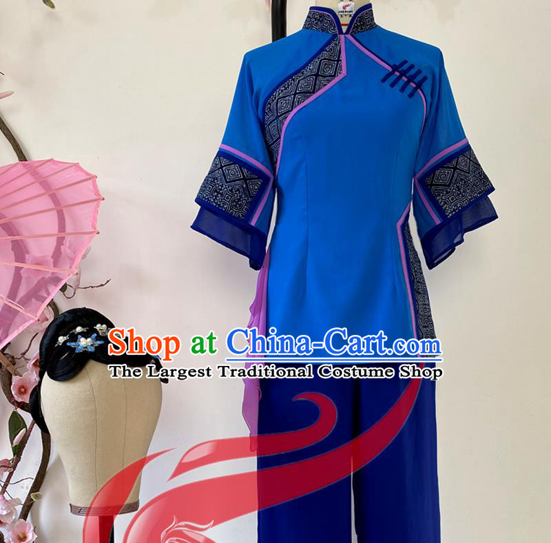 China Folk Dance Deep Blue Outfits Woman Group Dance Fashions Yangko Dance Uniforms Fan Dance Costumes