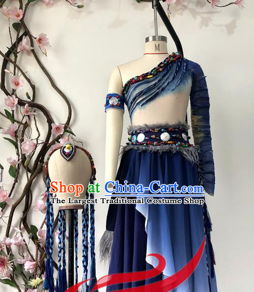 Chinese Ethnic Stage Performance Navy Dress Outfits Zang Nationality Folk Dance Costumes Tibetan National Minority Woman Clothing