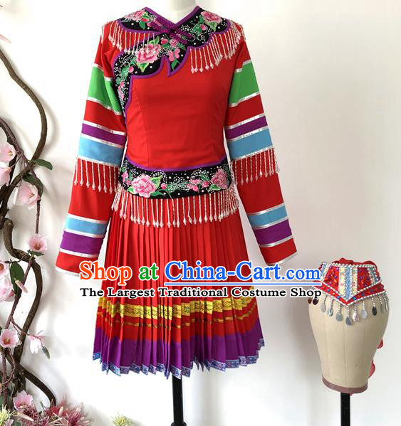 Chinese Dong Nationality Folk Dance Clothing Ethnic Female Group Dance Red Dress Uniforms Guizhou Minority Performance Wedding Garment Costumes