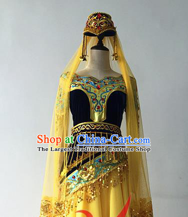 Top China Ethnic Stage Performance Headwear Uyghur Nationality Folk Dance Hair Accessories Xinjiang Minority Female Yellow Veil Hat