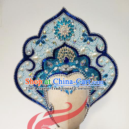 Top China Opening Dance Blue Hair Crown Woman Group Peony Dance Hair Accessories Spring Festival Gala Stage Performance Headdress