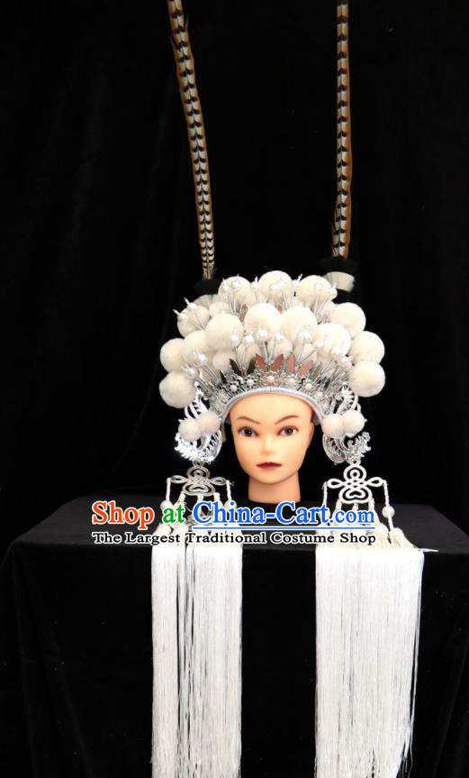 China Ancient Princess Hair Accessories Shaoxing Opera Actress White Venonat Hat Beijing Opera Hua Tan Phoenix Coronet Headdress