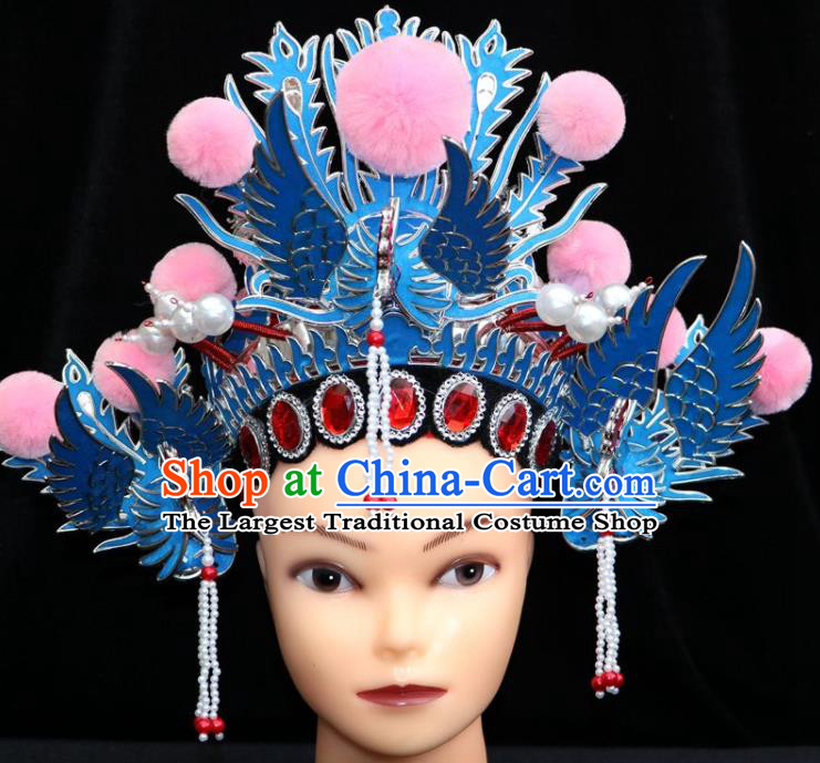 China Beijing Opera Children Headdress Ancient Swordswoman Hair Accessories Shaoxing Opera Actress Blue Phoenix Coronet