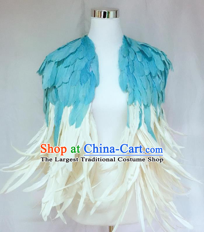 Top Cosplay Queen Cape Stage Show Shoulder Accessories Halloween Catwalks Blue Feather Cappa