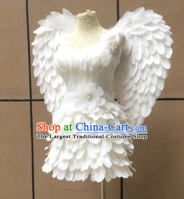 Top Miami Catwalks White Feather Dress with Wings Stage Show Costumes Samba Dance Clothing Brazilian Carnival Garments