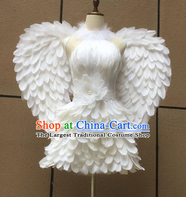 Top Brazilian Carnival Garments Miami Catwalks White Feather Dress with Wings Stage Show Costumes Samba Dance Clothing