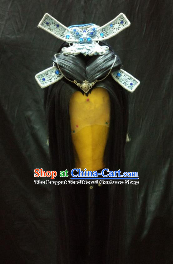 Handmade China Cosplay Swordsman Hairpieces Traditional Puppet Show Young Knight Headdress Ancient Kawaler Black Wigs and Hair Crown