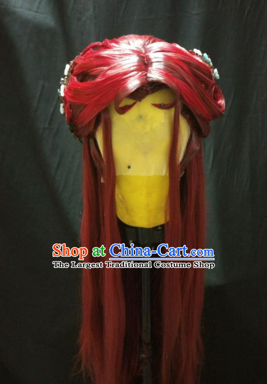 Chinese Cosplay Demon Princess Hair Accessories Traditional Puppet Show Swordswoman Red Wigs and Hair Sticks Ancient Heroine Hairpieces