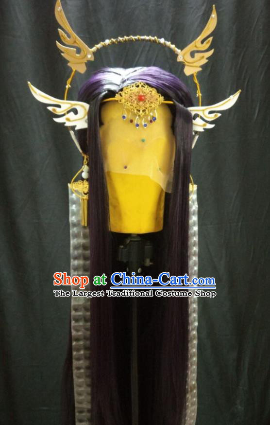 Handmade China Traditional Puppet Show Emperor Headdress Ancient Swordsman Purple Wigs and Hair Crown Cosplay Heaven Lord Hairpieces