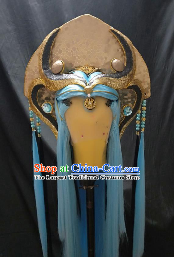 Handmade China Traditional Puppet Show Immortal Headdress Ancient Taoist Priest Blue Wigs and Hair Crown Cosplay Swordsman Hairpieces