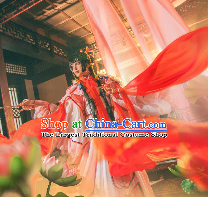 China Traditional Puppet Show Swordswoman Feng Cailing Garment Costumes Ancient Fairy Princess Clothing Cosplay Female Knight Pink Dress Outfits