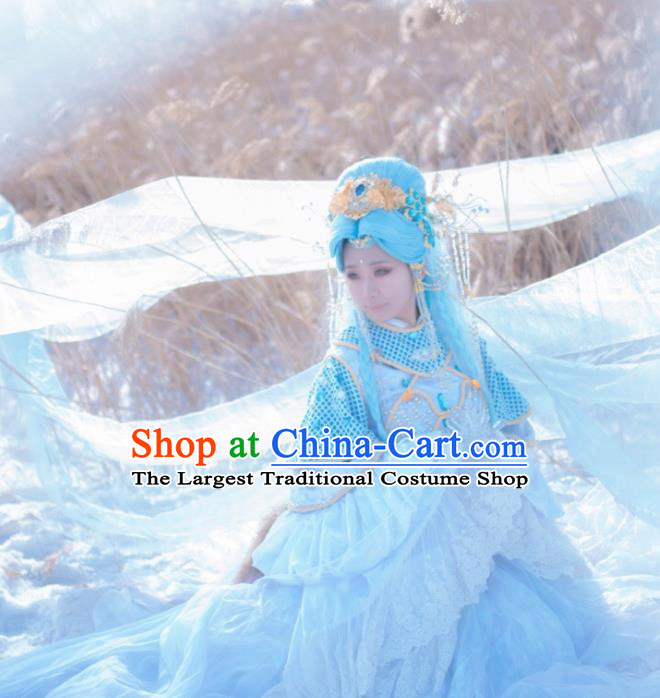 China Cosplay Princess Blue Dress Outfits Traditional Puppet Show Goddess Garment Costumes Ancient Fairy Clothing