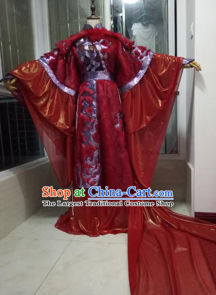 Chinese Ancient Demon King Red Uniforms Traditional Cosplay Swordsman Clothing Puppet Show Royal Highness Garment Costumes