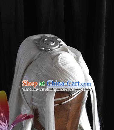 Handmade China Cosplay Taoist Priest White Wigs and Hair Crown Traditional Puppet Show Bie Xiaolou Headdress Ancient Swordsman Hair Accessories