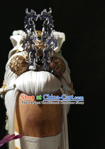 Handmade China Traditional Puppet Show Mo Qingchi Headdress Ancient Swordsman Hair Accessories Cosplay Taoist Priest White Wigs and Hair Crown