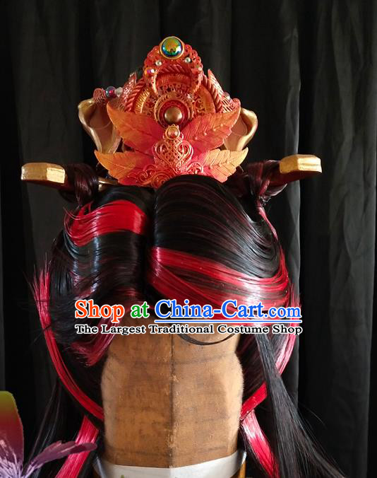 Handmade China Cosplay Royal King Red Wigs and Hair Crown Traditional Puppet Show Monarch Headdress Ancient Swordsman Hairpieces