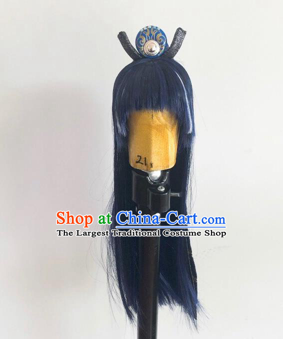 Handmade China Ancient Young Hero Hairpieces Cosplay Knight Blue Wigs and Hair Crown Traditional Puppet Show Swordsman Headdress