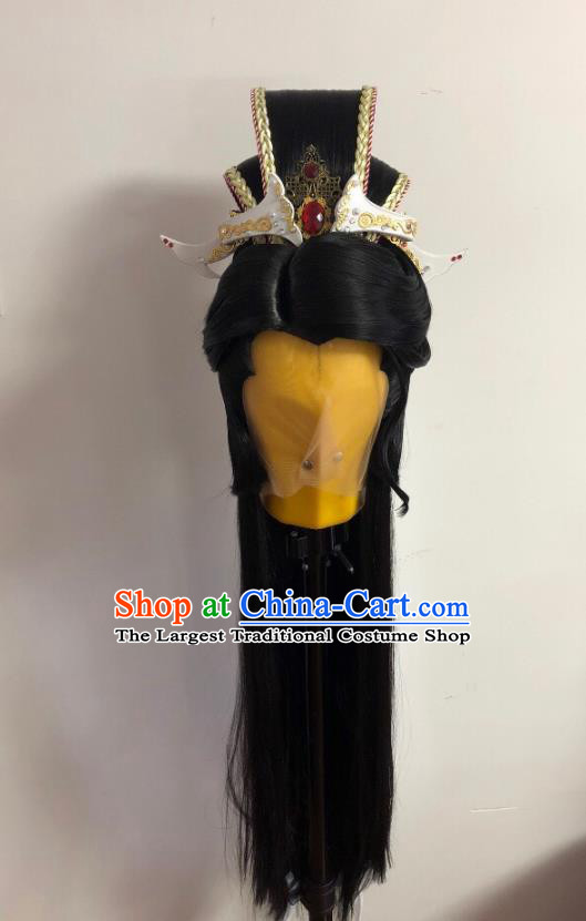 Handmade China Traditional Puppet Show Royal Prince Headdress Ancient King Hairpieces Cosplay Swordsman Mo Lisao Black Wigs and Hair Crown