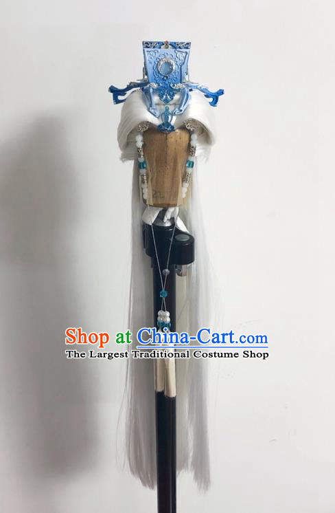 Handmade China Cosplay Swords Immortal White Wigs and Hair Crown Traditional Puppet Show Chivalrous Male Headdress Ancient Taoist Priest Hairpieces