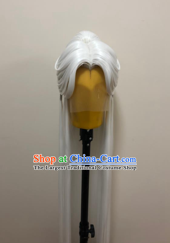 Handmade China Cosplay Elderly Male White Wigs Traditional Puppet Show Yi Tianzi Hairpieces Ancient Swordsman Headdress