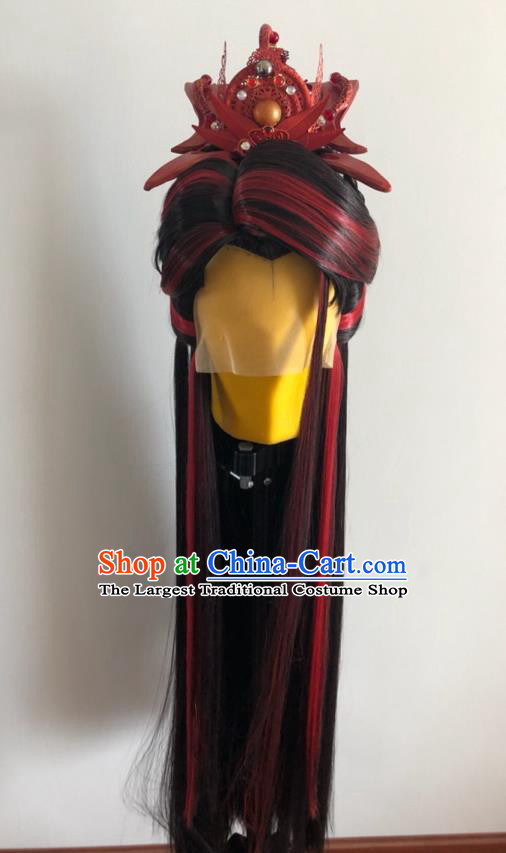 Handmade China Cosplay Young Man Brown Wigs and Hair Crown Traditional Puppet Show Yan King Headdress Ancient Swordsman Hairpieces