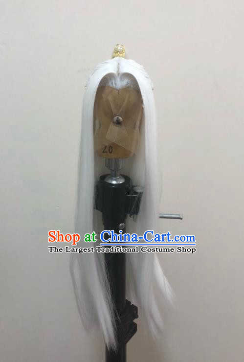 Handmade China Traditional Puppet Show Swordsman Hairpieces Ancient Elderly Knight Headdress Cosplay Chivalrous Male White Wigs and Hair Crown