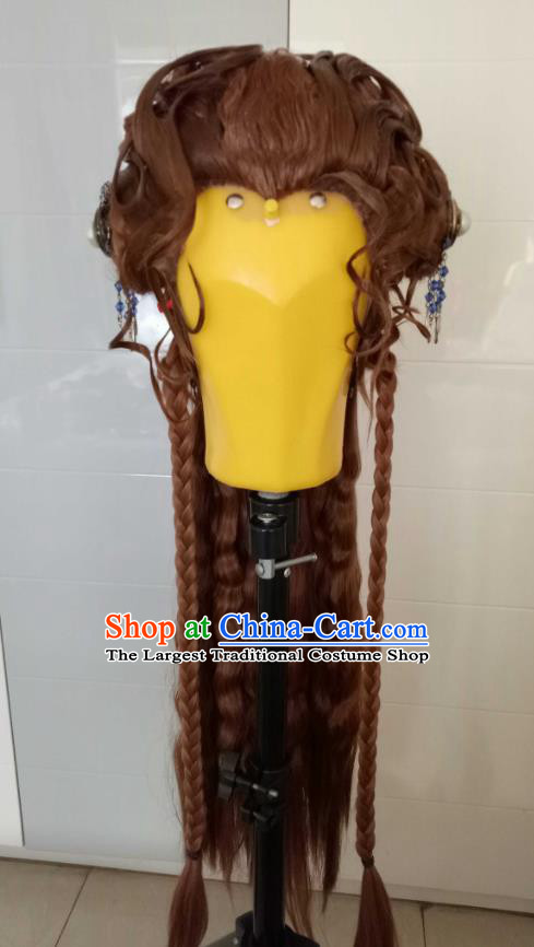 Chinese Cosplay Queen Brown Wigs Chignon and Hairpieces Ancient Imperial Concubine Headdress Traditional Puppet Show Young Beauty Hair Accessories