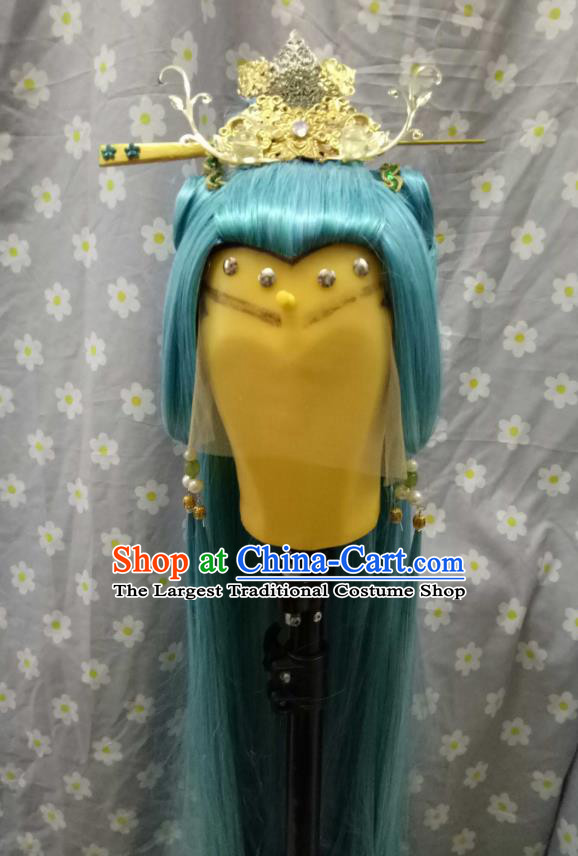 Handmade China Ancient Young Swordsman Headdress Cosplay Knight Blue Wigs and Hair Crown Traditional Puppet Show Cui Shanxing Hairpieces