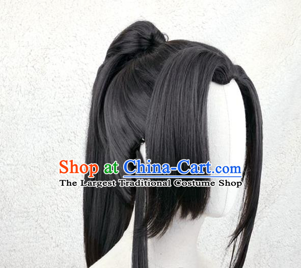 Handmade China Ancient Swordsman Headdress Cosplay Young Knight Black Ponytsil Wigs Traditional Qin Dynasty Young Man Hairpieces