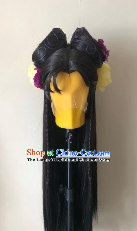 Chinese Cosplay Fairy Black Wigs Chignon and Hairpieces Ancient Young Lady Headdress Traditional Puppet Show Swordswoman Fu Yueying Hair Accessories