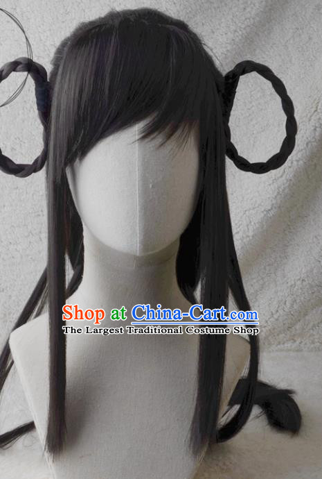 Chinese Traditional Swordswoman Hairpieces Cosplay Young Lady Hair Accessories Ancient Penglai Princess Black Wigs Headwear