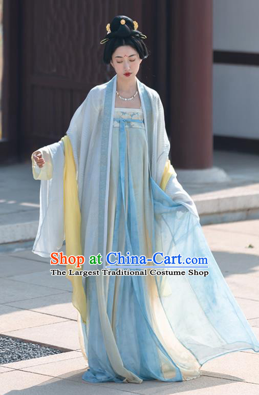 China Traditional Tang Dynasty Imperial Concubine Historical Clothing Ancient Palace Beauty Blue Hanfu Dress Garment Costumes