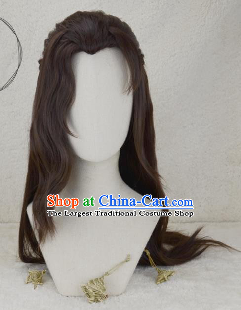 Handmade China Ancient Young Knight Headdress Cosplay Swordsman Brown Wigs Traditional Ming Dynasty Hero Hairpieces