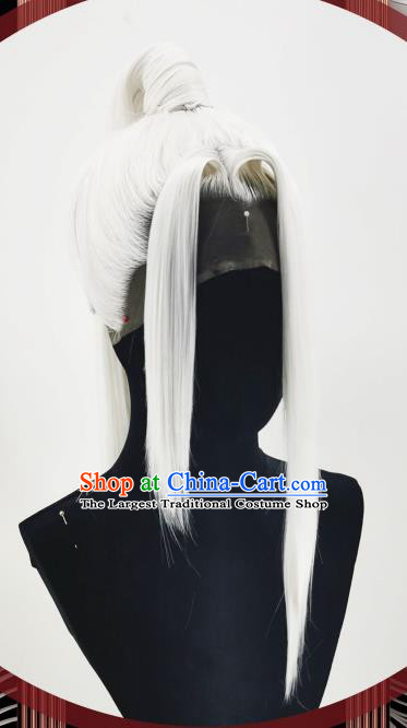 Handmade China Traditional Honor of Kings Han Xin Hairpieces Ancient Young Hero Headdress Cosplay Swordsman White Wigs