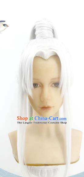 Handmade China Cosplay Demon King White Wigs Traditional Hanfu Swordsman Zhu Yeli Hairpieces Ancient Taoist Priest Headdress