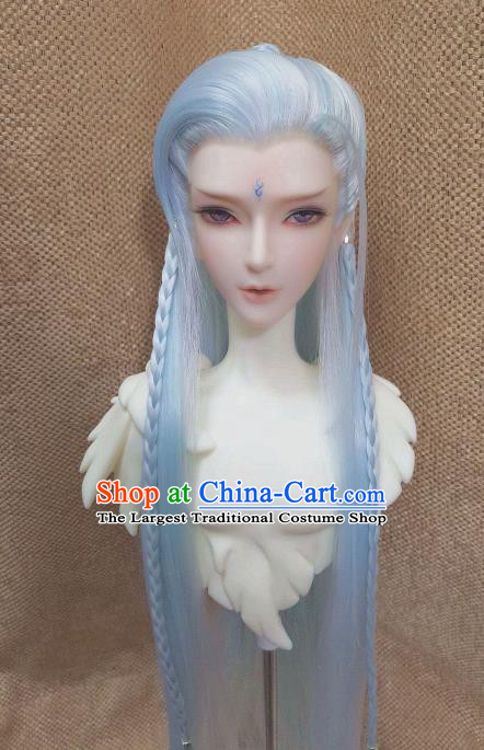 Handmade China Cosplay Dragon Prince Blue Wigs Traditional Young Childe Hairpieces Ancient Swordsman Headdress