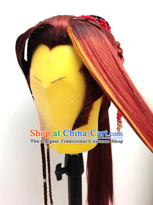 Handmade China Ancient Swordsman Headdress Cosplay Demon Prince Red Wigs Traditional Puppet Show Young Knight Hairpieces