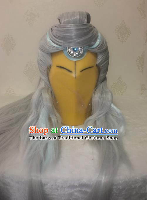 Handmade China Traditional Puppet Show Hairpieces Ancient Taoist Headdress Cosplay Swordsman Grey Wigs