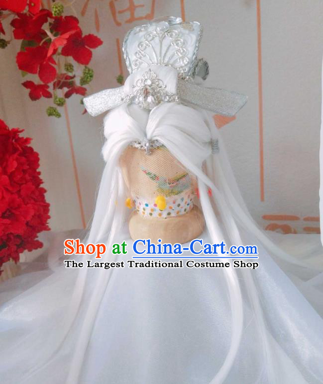 Handmade China Traditional Puppet Show Wen Naihe Hairpieces Ancient Taoist Priest Headdress Cosplay Swordsman White Wigs and Hair Crown