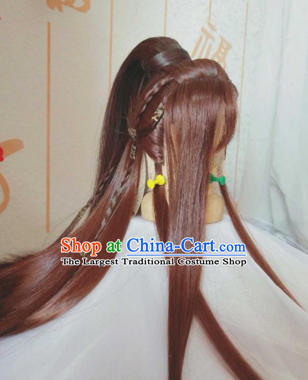 Handmade China Traditional Puppet Show Qi Hanyu Hairpieces Ancient Childe Headdress Cosplay Swordsman Brown Wigs